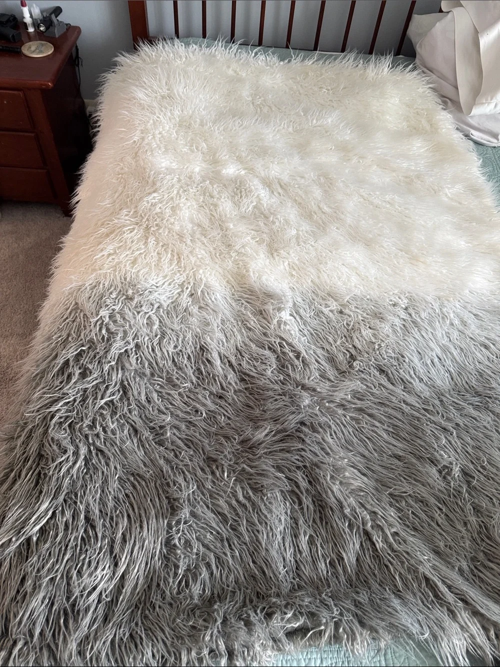 UGG Luxury Ombre Faux Fur Throw Blanket in White and Gray
